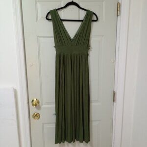Just Found Maxi Dress XL Empire Court Olive Green V Neck With Smocked Waist